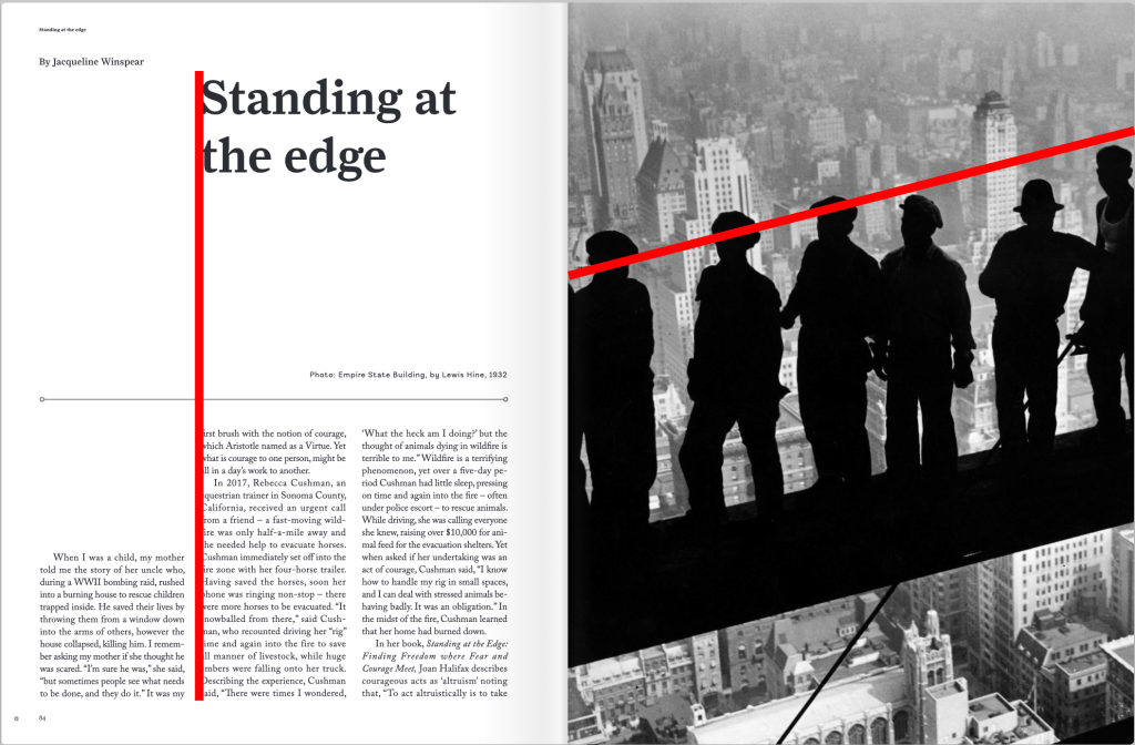 A black and white magazine spread is drawn over with red lines to indicate the design principle of alignment.