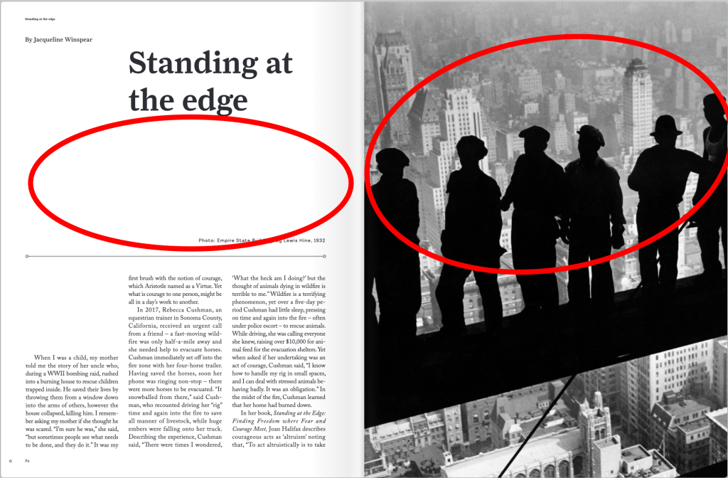 A black and white magazine spread is drawn over with eclipses to indicate areas of proximity.