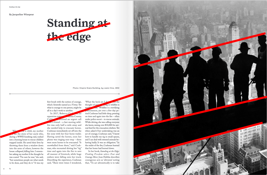 A black and white magazine spread is drawn over with red lines to indicate the repetition of diagonal paths.