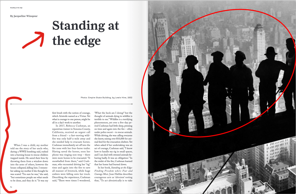 A black and white magazine spread is drawn over with red shapes to indicate contrast.